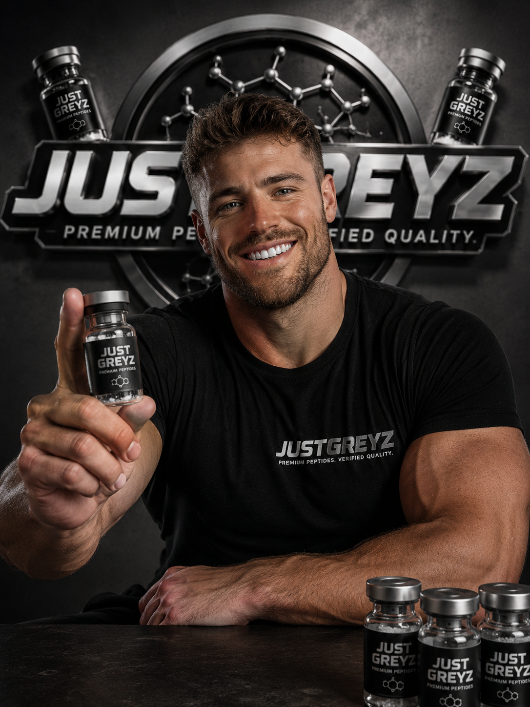 Just Greyz premium peptides logo with vials